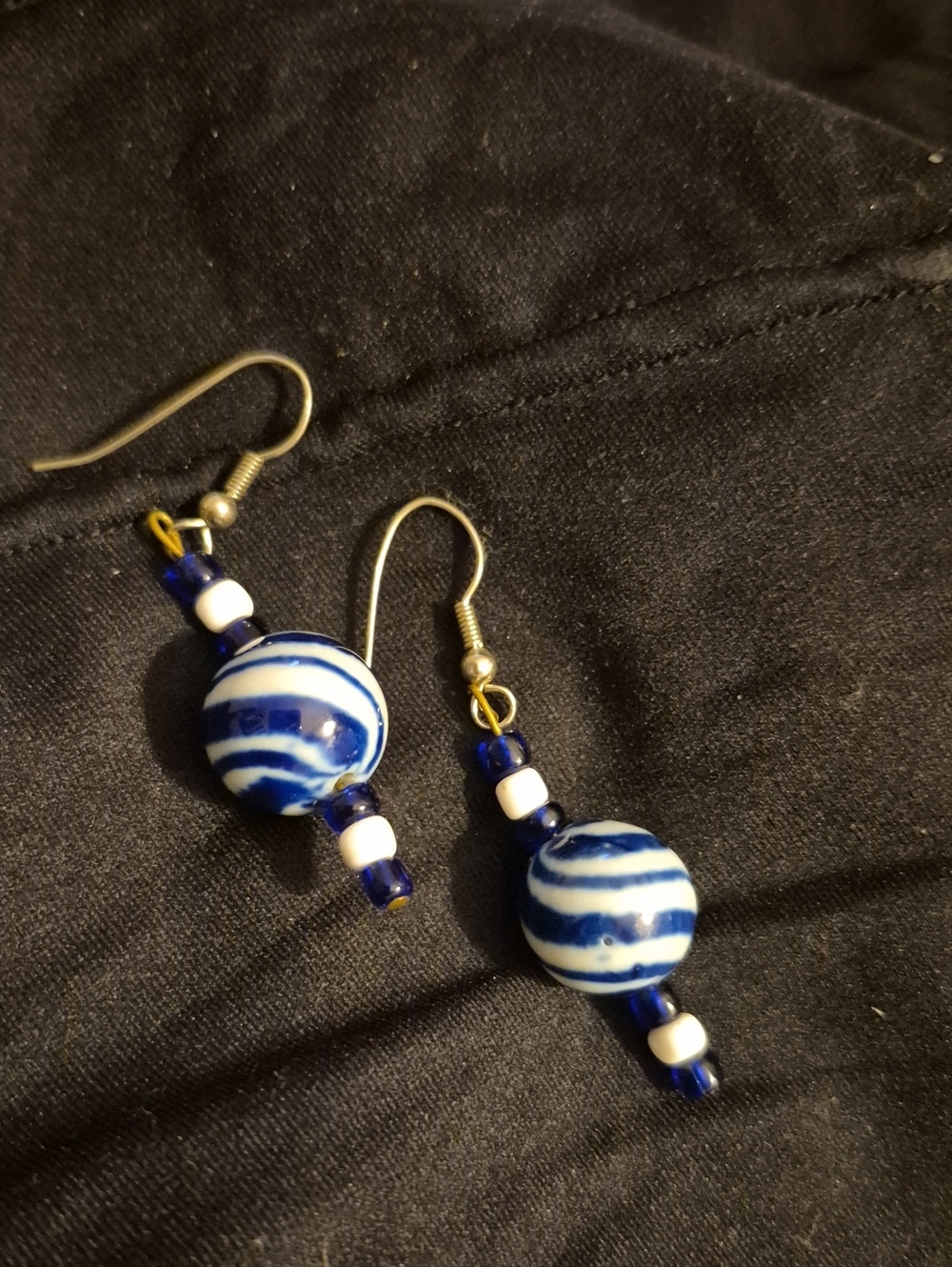 Handmade Blue White Swirl Blown Glass Bead Drop Earrings